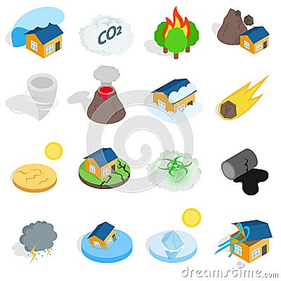 Natural disaster catastrophe icons set Cartoon Illustration