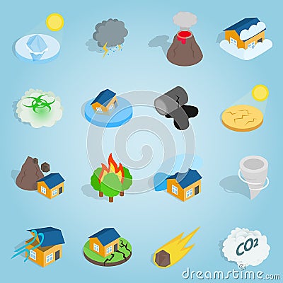 Natural disaster catastrophe isometric set Vector Illustration