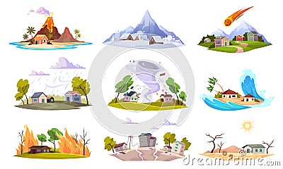 Natural disaster. Environment powers challenges and catastrophe, flooding, forest fire and hurricane danger, volcanic Vector Illustration