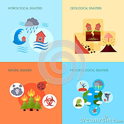 Natural disaster 4 flat icons square Vector Illustration