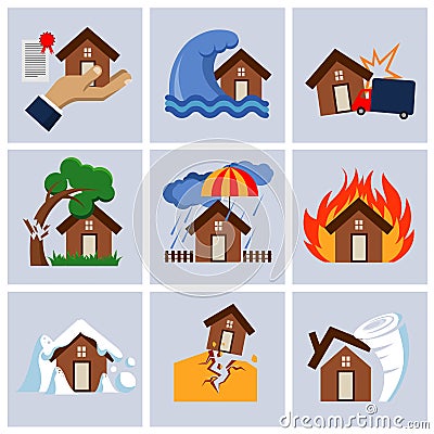 Natural disaster, house insurance business service vector icons. Vector Illustration