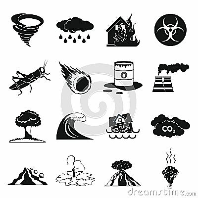 Natural disaster icons set, black simple style Vector Illustration