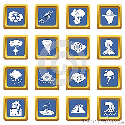 Natural disaster icons set blue Vector Illustration