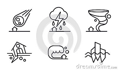 Natural disaster icons set, meteorite fall, thunderstorm, hurricane, earthquake, tsunami vector Illustration on a white Vector Illustration