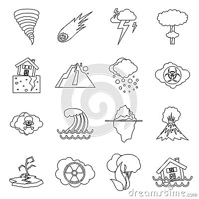 Natural disaster icons set, outline ctyle Vector Illustration