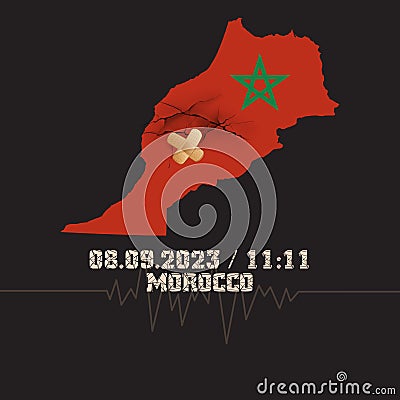 Natural disaster in Marrakech, High Atlas mountain range on 8 September 2023. Massive cracks with Moroccan flag and map. Vector Illustration