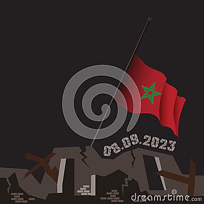 Natural disaster in Marrakech, High Atlas mountain range on 8 September 2023. Massive cracks with Moroccan flag and map. Vector Illustration