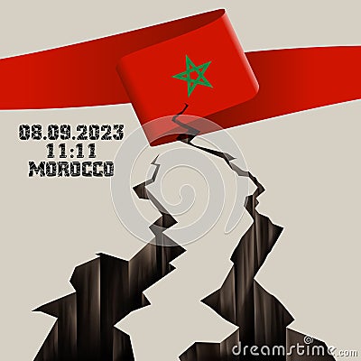Natural disaster in Marrakech, High Atlas mountain range on 8 September 2023. Massive cracks with Moroccan flag and map. Stock Photo