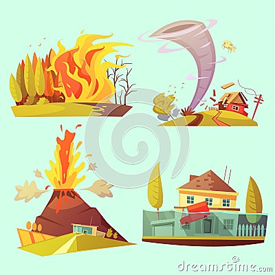 Natural Disaster Retro Cartoon 2x2 Icons Set Vector Illustration