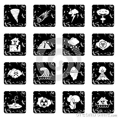 Natural disaster set icons, grunge style Vector Illustration