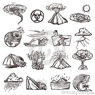 Natural Disaster Sketch Icon Set Vector Illustration