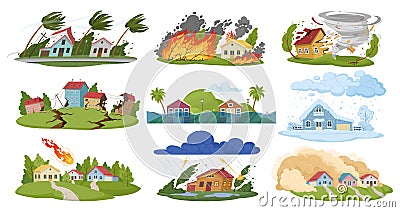 Natural disasters, cartoon damage catastrophe cataclysms. Hurricane, forest fire, flooding, earthquake and snow blizzard flat Vector Illustration