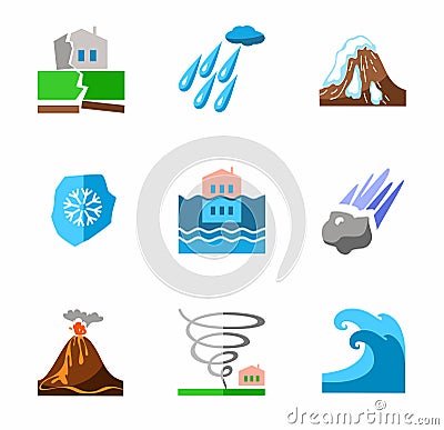 Natural disasters, colored icons. Vector Illustration