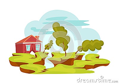 Natural disasters earthquake. House cracked and shattered earth during earthquake. Cataclysm, catastrophe, destruction of nature Vector Illustration