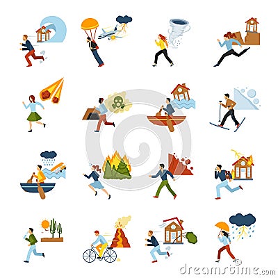 Natural Disasters Escape Images Set Vector Illustration