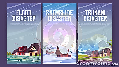 Natural disasters flood, snowslide and tsunami Vector Illustration