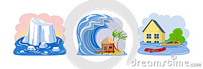 Natural disasters floods, tsunami, melting glaciers. Natural strong disaster with rain. Flooding with destruction of houses. Vector Illustration