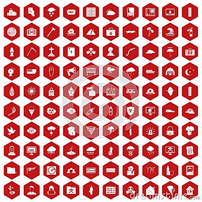 100 natural disasters icons hexagon red Vector Illustration