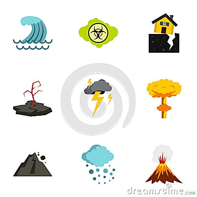 Natural disasters icons set, flat style Vector Illustration