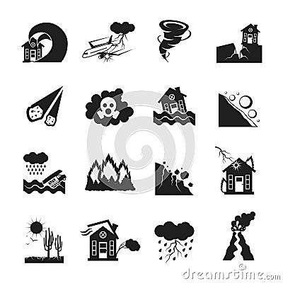 Natural Disasters Monochrome Icons Set Vector Illustration