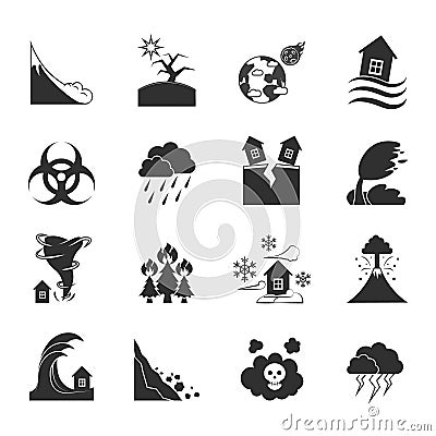 Natural Disasters Monochrome Icons Set Vector Illustration