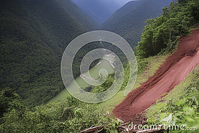 Natural Disasters, mudslides, part of mountain collapsed, created with Generative AI Stock Photo