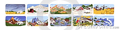 Natural disasters set. Catastrophes, emergency in nature. Destruction scenes of tornado, flood, volcano eruption, forest Cartoon Illustration