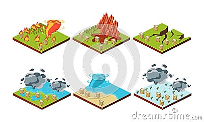 Natural disasters set, landslide, earthquake, hurricane, flood, thunderstorm, tsunami vector Illustration on a white Vector Illustration