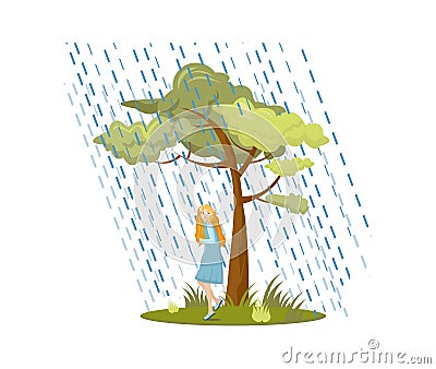 Natural disasters, severe weather conditions hurricane, rain. Girl hiding from heavy downpour. Man holding on to tree fleeing Vector Illustration