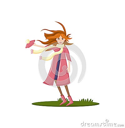 Natural disasters, severe weather conditions hurricane, rain. Woman with hat in her hands is blown away by strong wind Vector Illustration