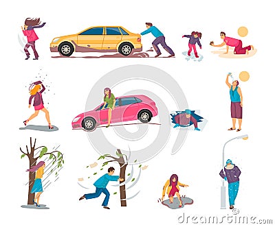 Natural disasters, severe weather conditions snowfall, strong wind. People flee from stormy winds, take shelter from hurricanes, Vector Illustration