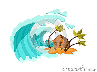 Natural disasters Tsunami. Natural strong disaster with rain, tsunami water waves covering the house. Cataclysm, catastrophe Vector Illustration