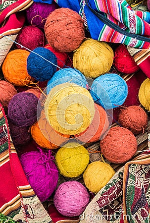Natural dyed wool yarn peruvian Andes Cuzco Peru Stock Photo