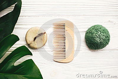 Natural eco friendly solid shampoo bar, green konjaku sponge, co Stock Photo