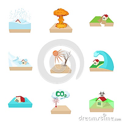 Natural emergency icons set, cartoon style Vector Illustration