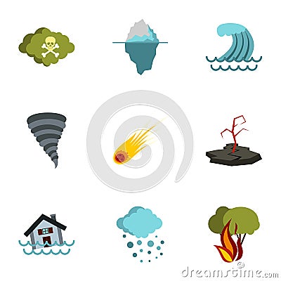 Natural emergency icons set, flat style Vector Illustration