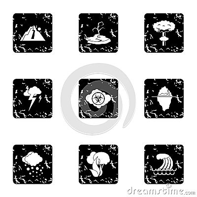 Natural emergency icons set, grunge style Vector Illustration