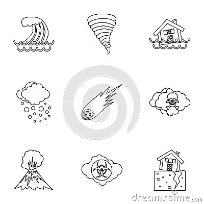 Natural emergency icons set, outline style Vector Illustration