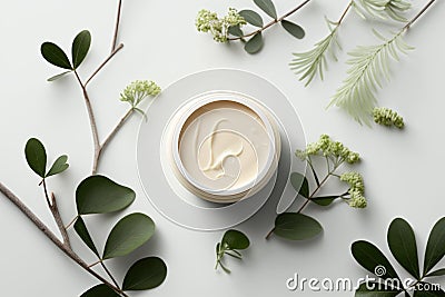 Natural face cream in petri dish on a white table and plant branches, copy space Stock Photo