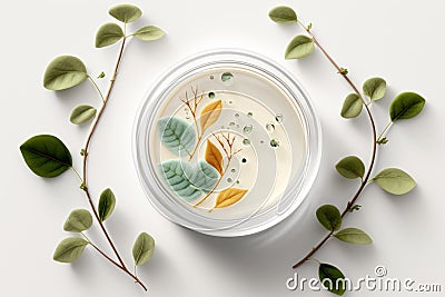 Natural face cream in petri dish on a white table and plant branches, copy space Stock Photo