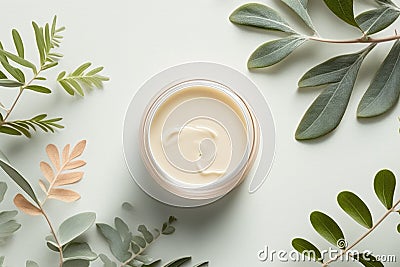 Natural face cream in petri dish on a white table and plant branches, copy space Stock Photo