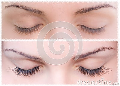 Natural and false eyelashes before and after. Stock Photo