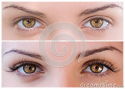 Natural and false eyelashes before and after. Stock Photo