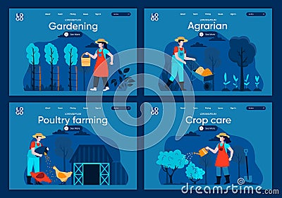 Natural farming flat landing pages set. Farmers planting and watering crop, feeding farm animals scenes for website or Vector Illustration