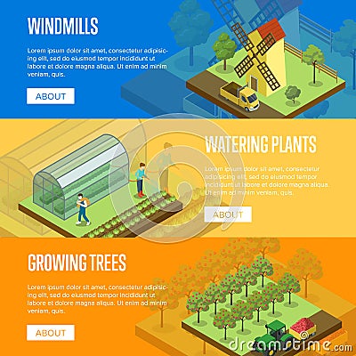 Natural farming isometric horizontal flyers Vector Illustration