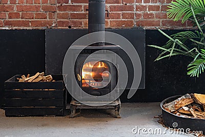 Natural fire in fireside behind glass door at modern interior Stock Photo