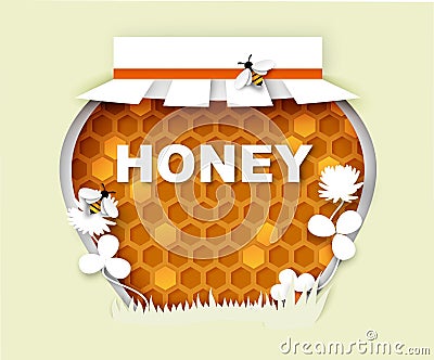 Natural floral honey jar, vector illustration in paper art style. Clover honey frame. Vector Illustration