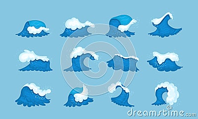 Natural foamy wave set. Sea ocean waves water blue splashes, tide rollers, stormy curling flows Vector Illustration