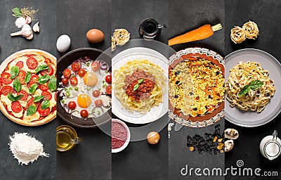 Natural food collage (plates on the black chalkboard) Stock Photo
