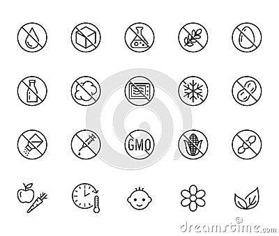 Natural food flat line icons set. Sugar, gluten free, no trans fats, salt, egg, nuts, vegan vector illustrations. Thin Vector Illustration